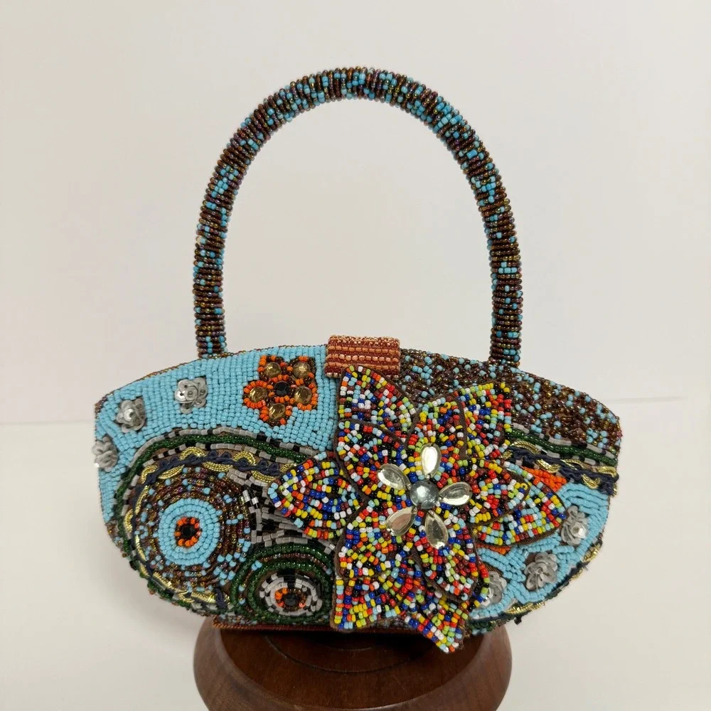 Beaded Floral Top Handle Bag Small Boho Eclectic Multicolor Purse‎